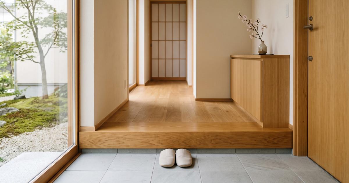 A clean minimalist entryway with slippers placed near a small step.