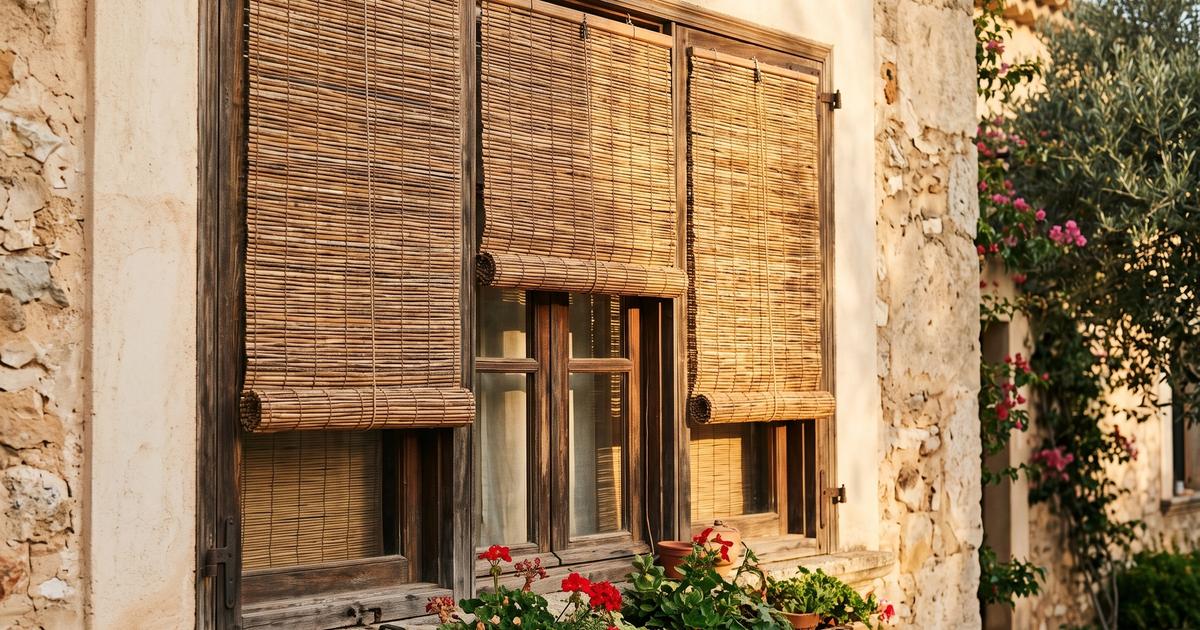 Bamboo shades hanging on the outside of a window in sunlight.