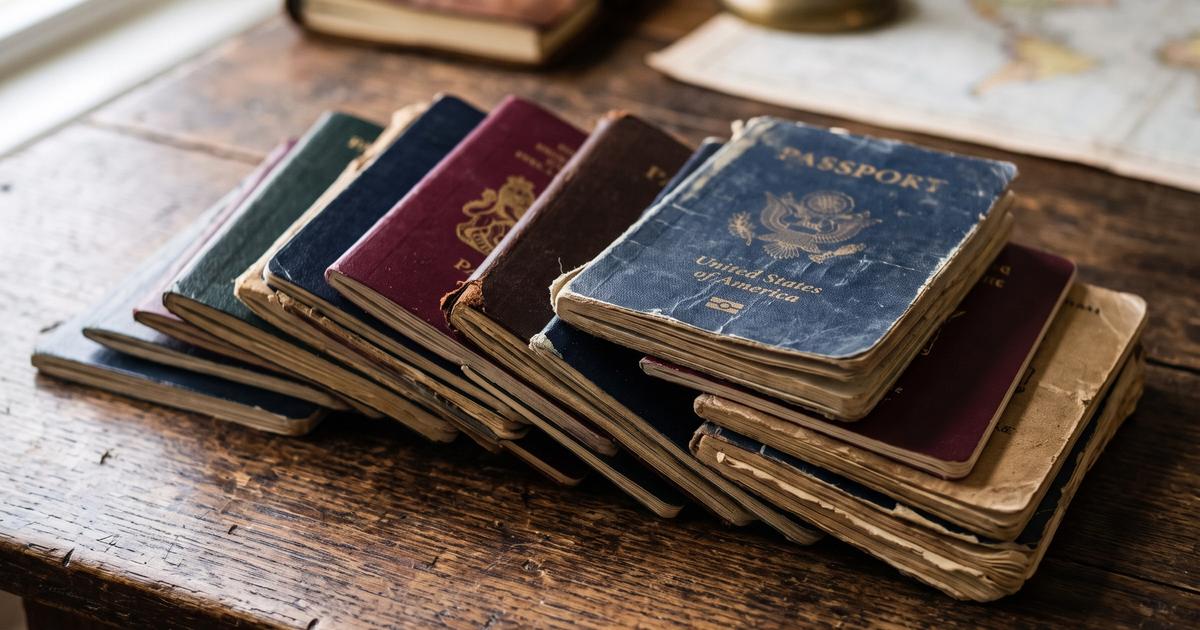 A stack of old worn passport booklets on a wooden table.