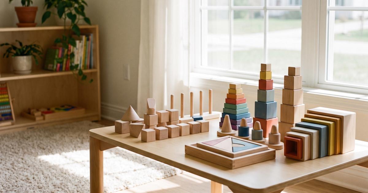 Wooden geometric learning blocks arranged on a table in a classroom.