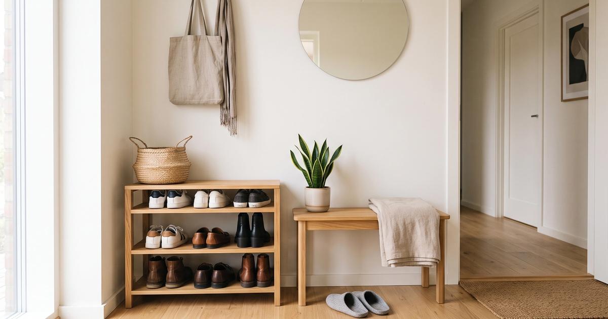A wooden shoe rack and bench in a tidy entryway.