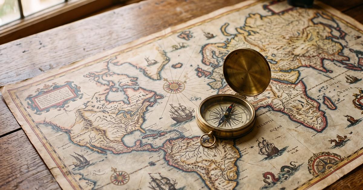 An antique world map with a brass compass on a wooden table.