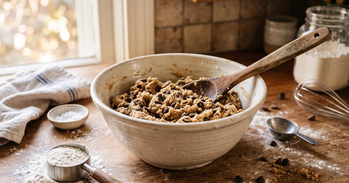 A bowl of raw cookie dough with a spoon on a kitchen counter.