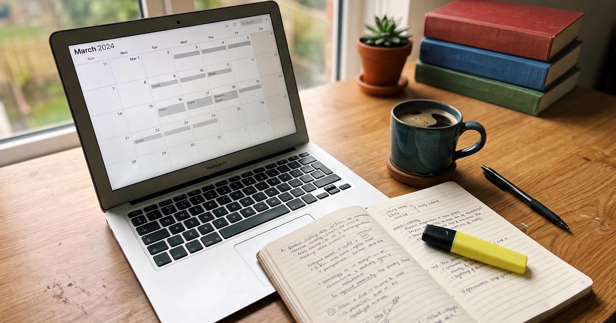 A notebook and laptop on a desk during a study session.