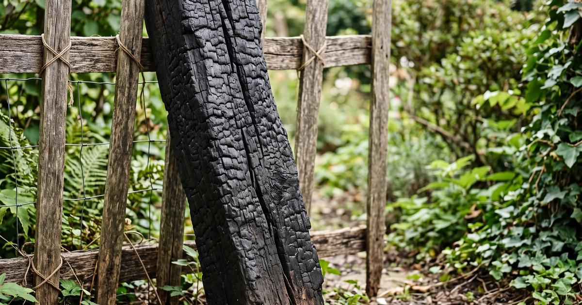 A wooden fence post with a deeply charred black surface texture.