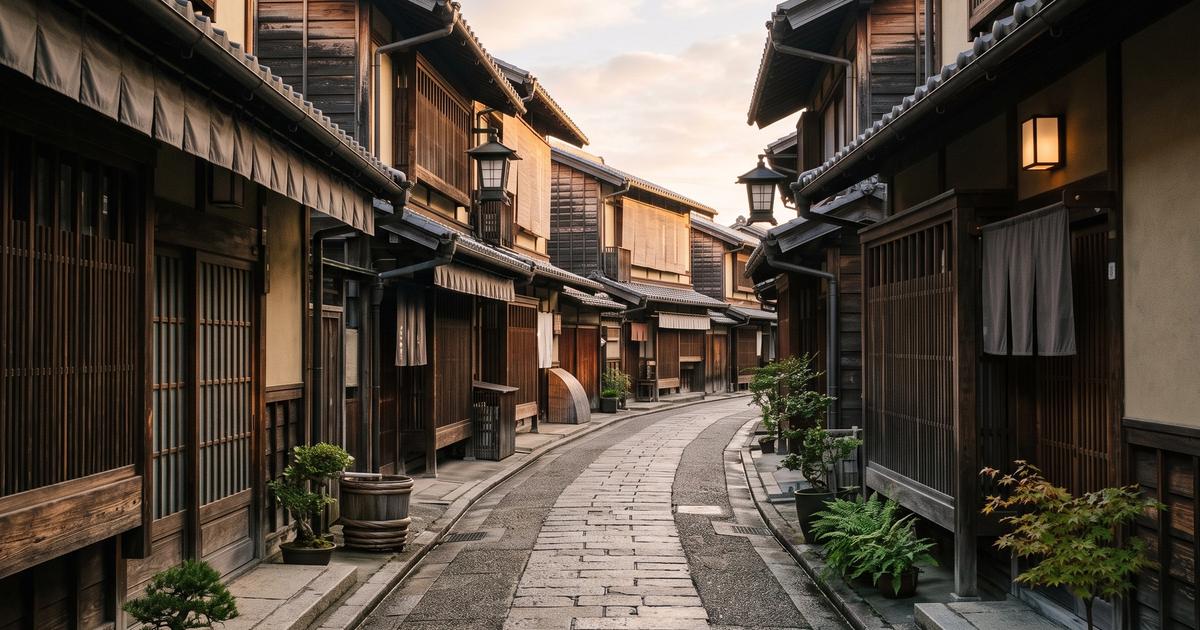Traditional wooden buildings in an old Japanese townscape at dawn.