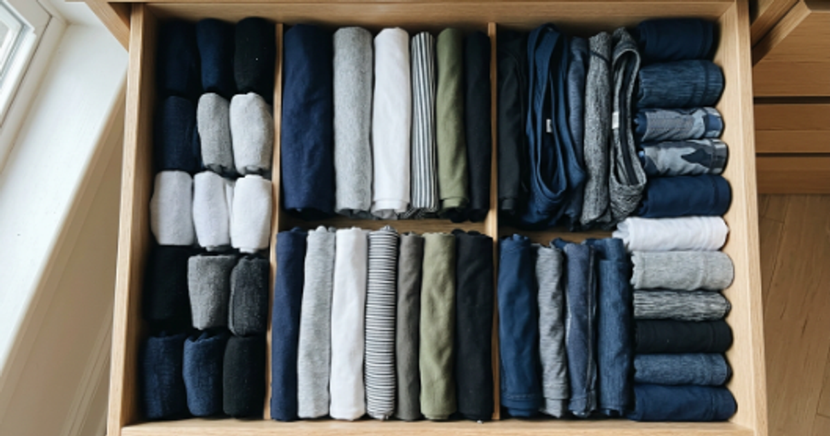 Folded clothes standing upright in an organized dresser drawer.