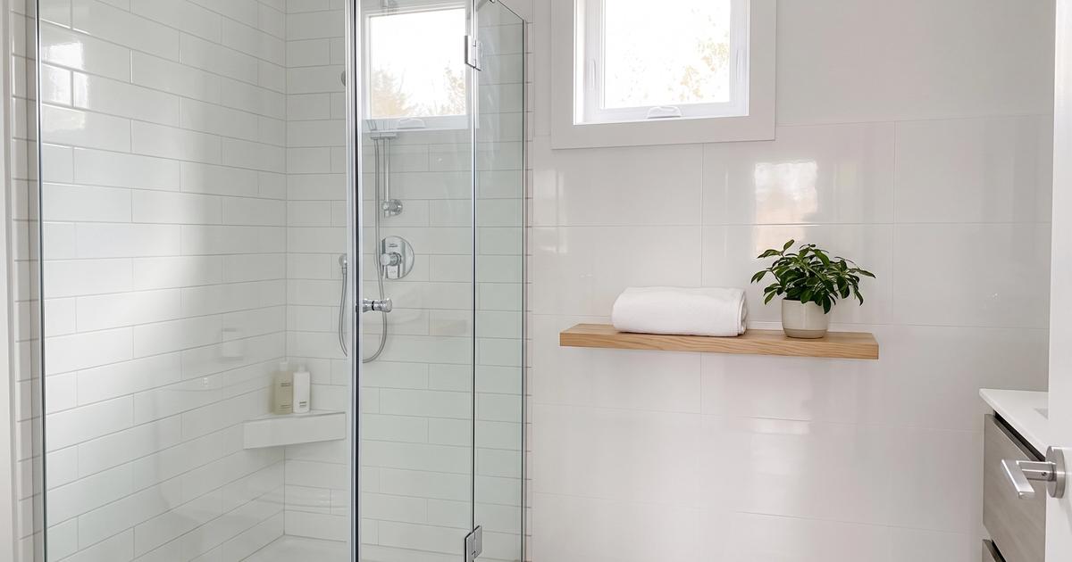 A bright clean bathroom with a glass shower and white tiles in natural light.