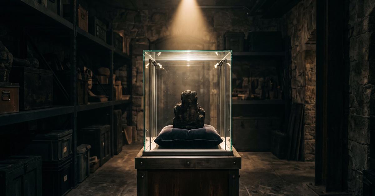 A dimly lit vault with a single illuminated display case.