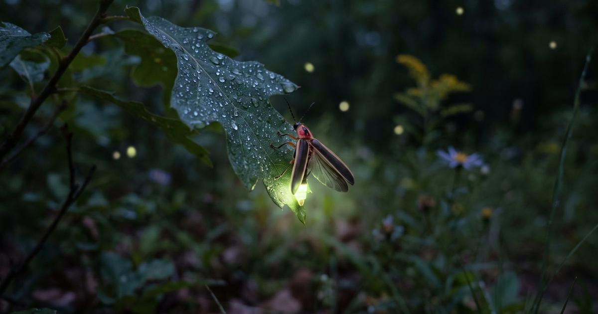 Fireflies glowing in a dark meadow at dusk.