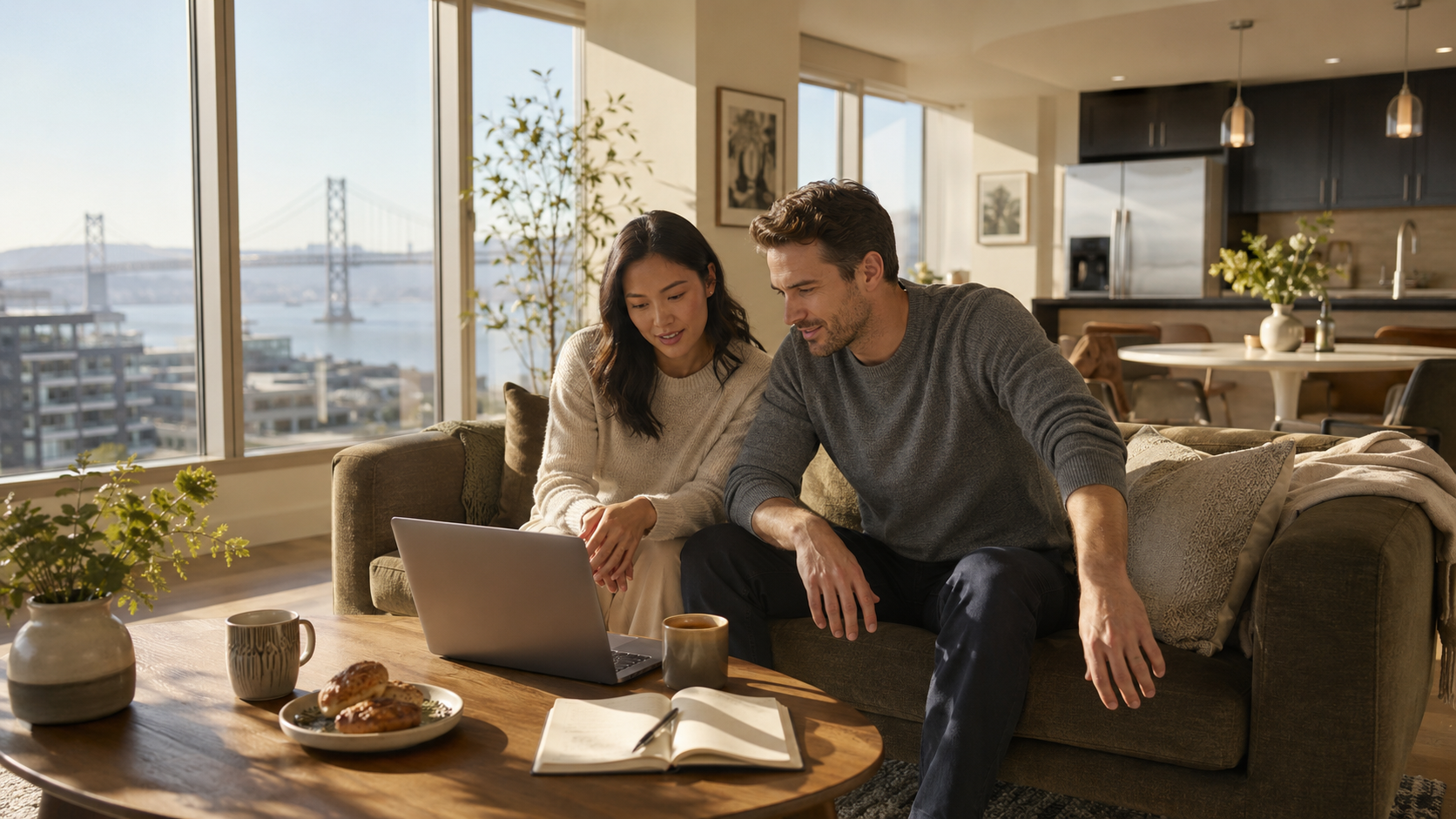 Dual-career couple in their early 30s sitting together on a low-slung sofa in a modern Mission Bay high-rise condo in San Francisco, a laptop between them showing an intake questionnaire, warm midday light through floor-to-ceiling windows with a soft-focus view of the Bay Bridge in the distance