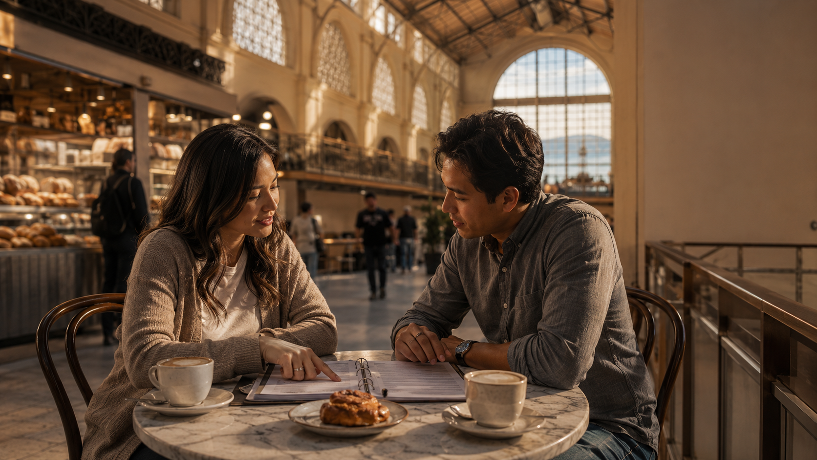 Engaged dual-career couple in their early 30s sitting at a small marble-topped cafe table inside the historic San Francisco Ferry Building Marketplace, mid-afternoon, a planning binder open between them with two coffees and a pastry, the warm wood ceiling beams above and a sliver of the Bay visible through the building's tall arched windows behind them
