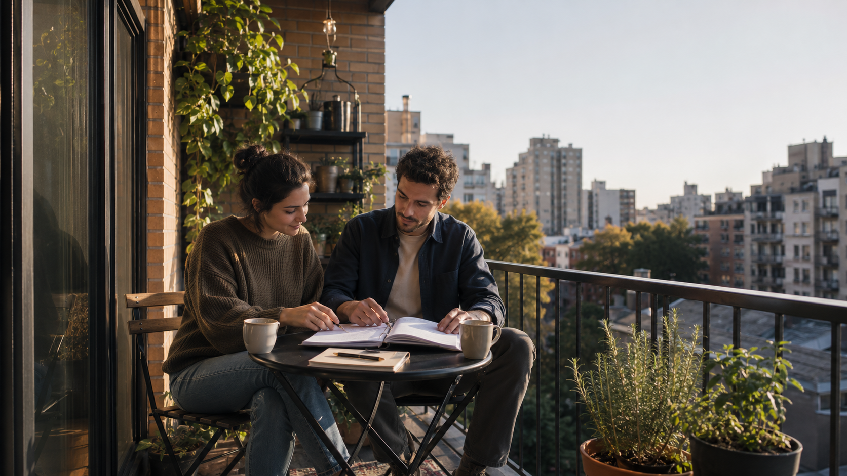 Couple in their early 30s sitting on a small apartment balcony reviewing a planning notes folder over morning coffee, soft morning light, plants in pots, urban skyline softly visible in the background