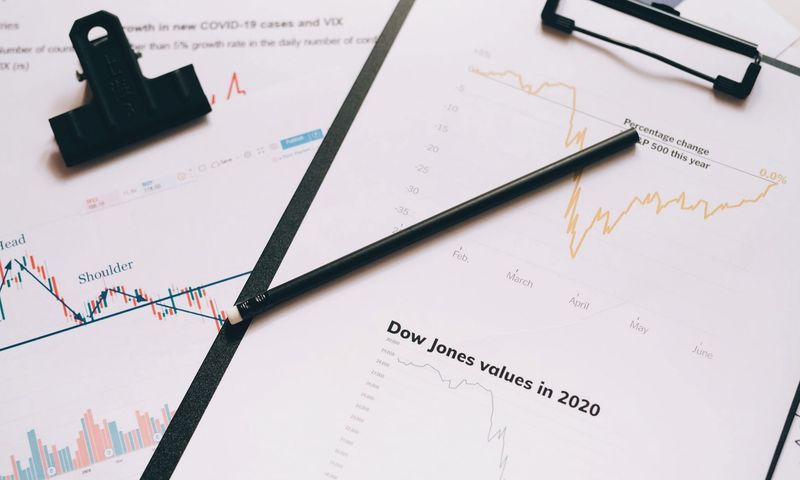 Clipboard with stock market charts and graphs representing financial data analysis.