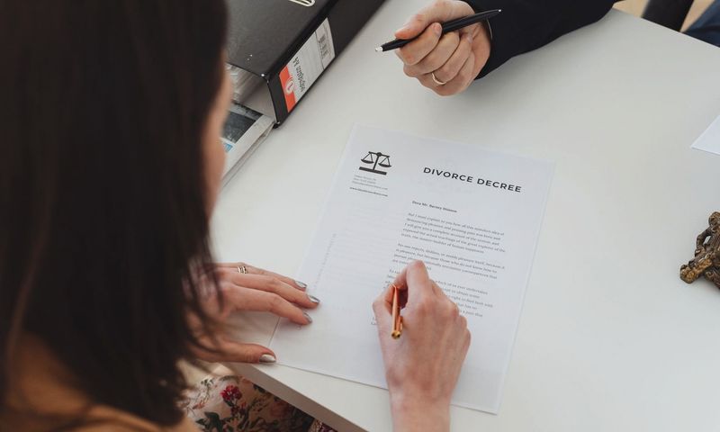 A person signing a divorce decree document with focus on hands and paper.
