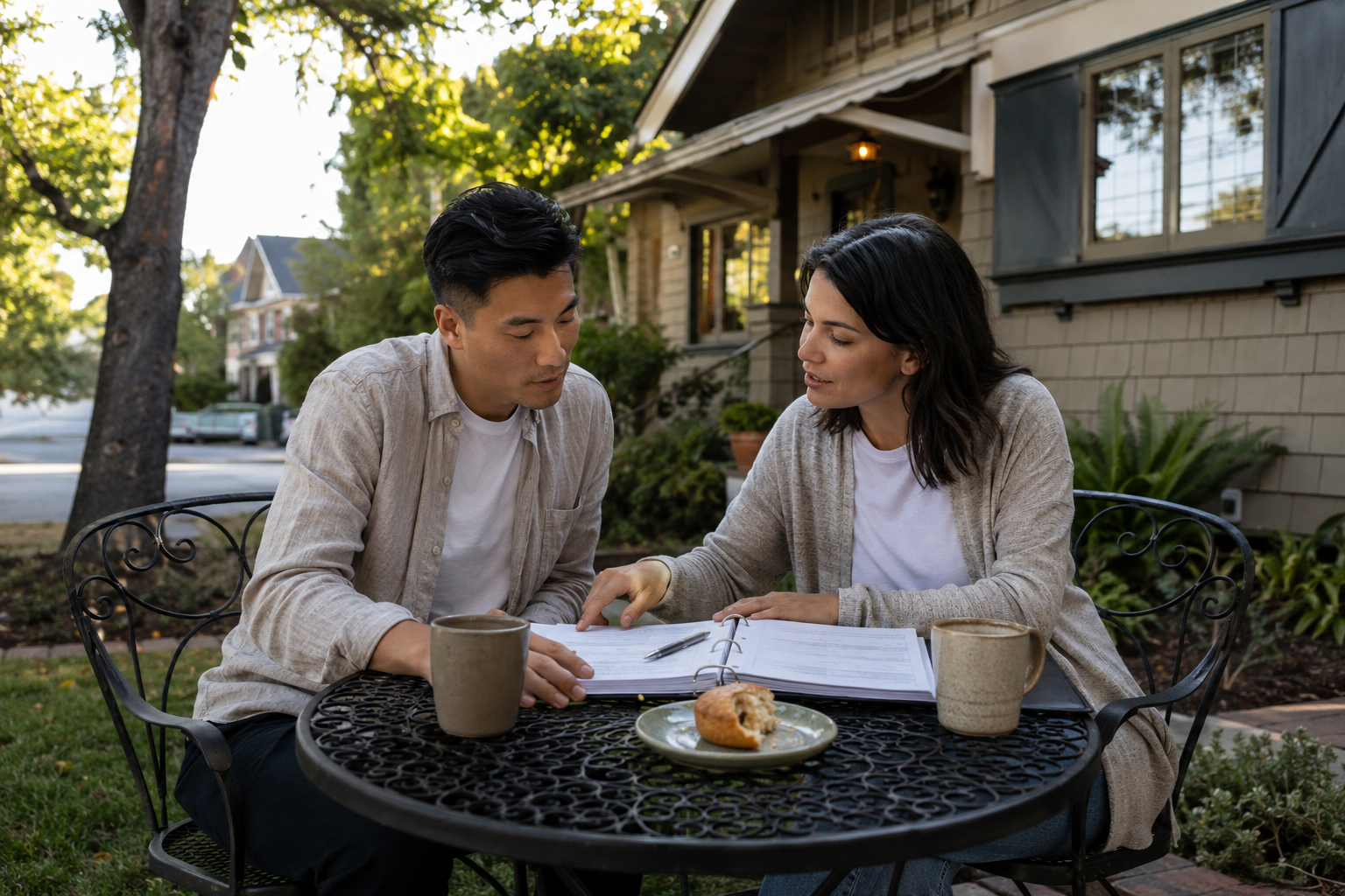 Dual-career couple in their early 30s sitting at a wrought-iron patio table in the garden of a Palo Alto craftsman bungalow reviewing planning paperwork over coffee in late morning light, suburban California greenery in soft focus around them