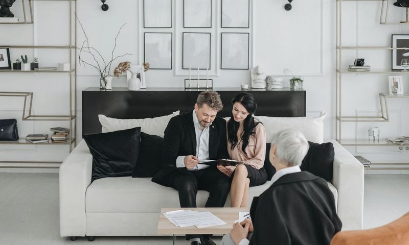 Couple consulting with a social worker in a modern living room setting, discussing documents.