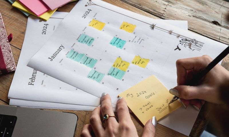 Close-up of a person writing new year's goals on a sticky note with a 2024 calendar in the background.