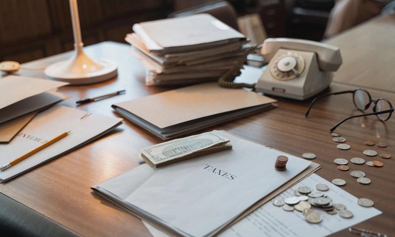 Close-up of an office desk with tax documents, coins, glasses, and an old phone, symbolizing finance and organization.