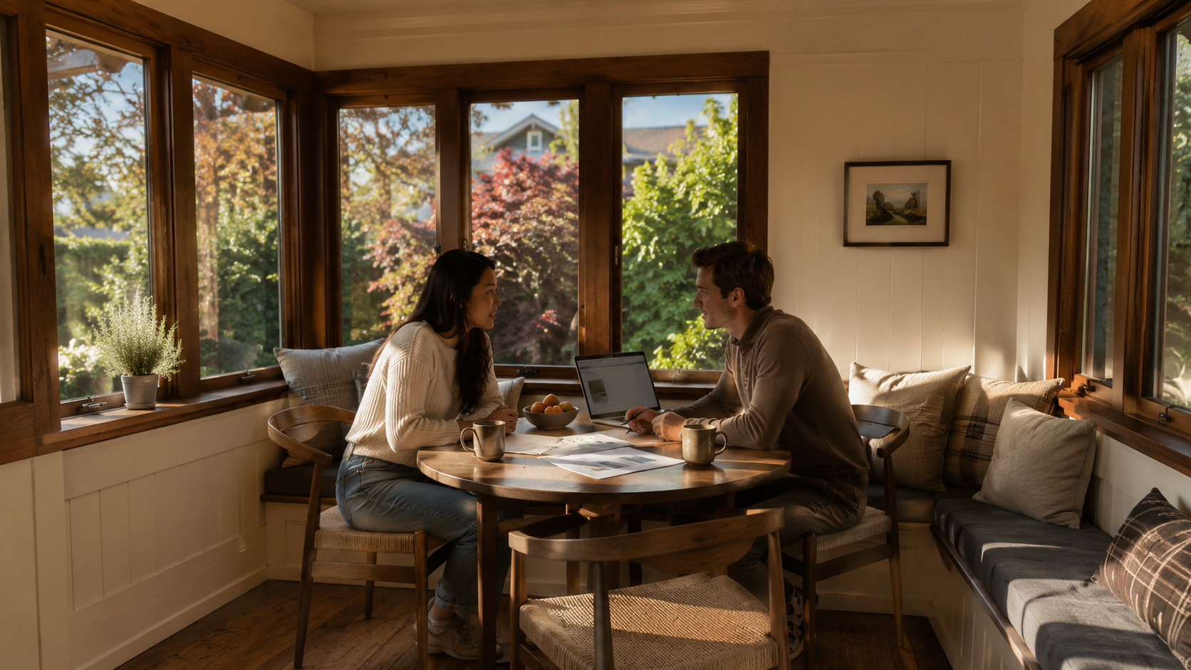 Dual-career couple in their early-to-mid 30s sitting at a small round table on the enclosed back porch of an Oakland Rockridge Craftsman home in the late morning, with two coffee mugs, a small printed cost comparison, and a slim laptop showing planning options, warm late-morning light through the porch windows and the greenery of a Rockridge backyard soft-focused behind them