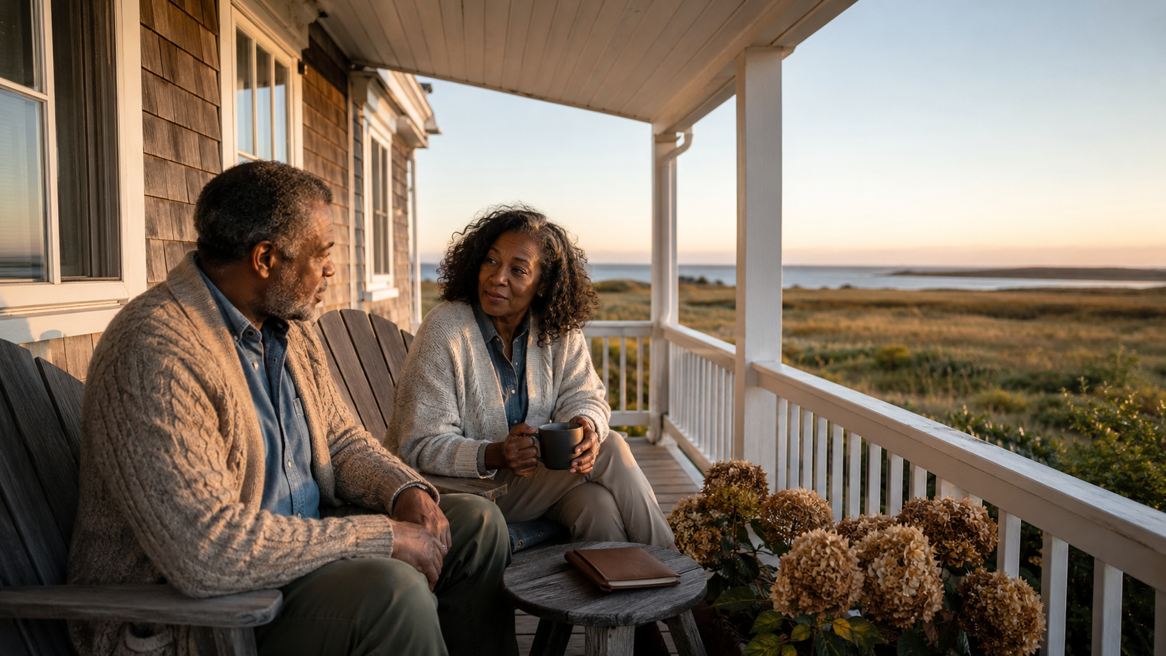Couple in their late 50s on the wraparound porch of a Cape Cod shingled cottage at golden hour, looking out at the marsh