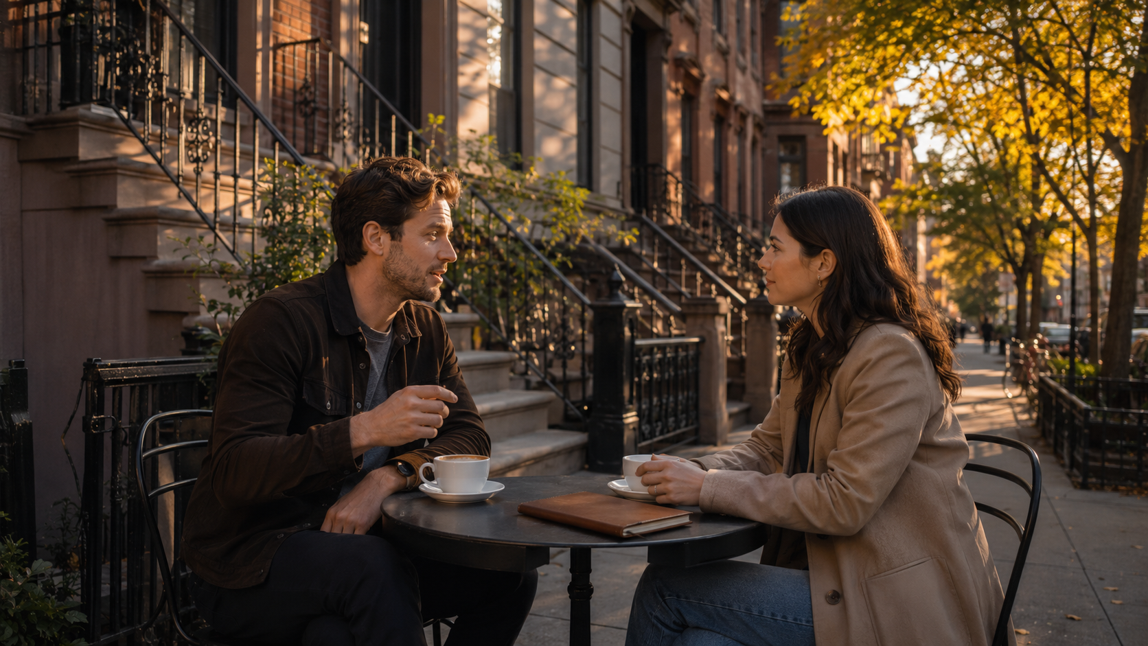 Engaged NYC couple sitting at an outdoor cafe table reviewing prenup planning over coffee on a West Village block in early fall