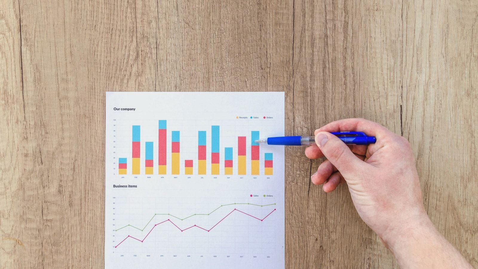 A hand points a pen at business graphs on a wooden table, highlighting data analysis.