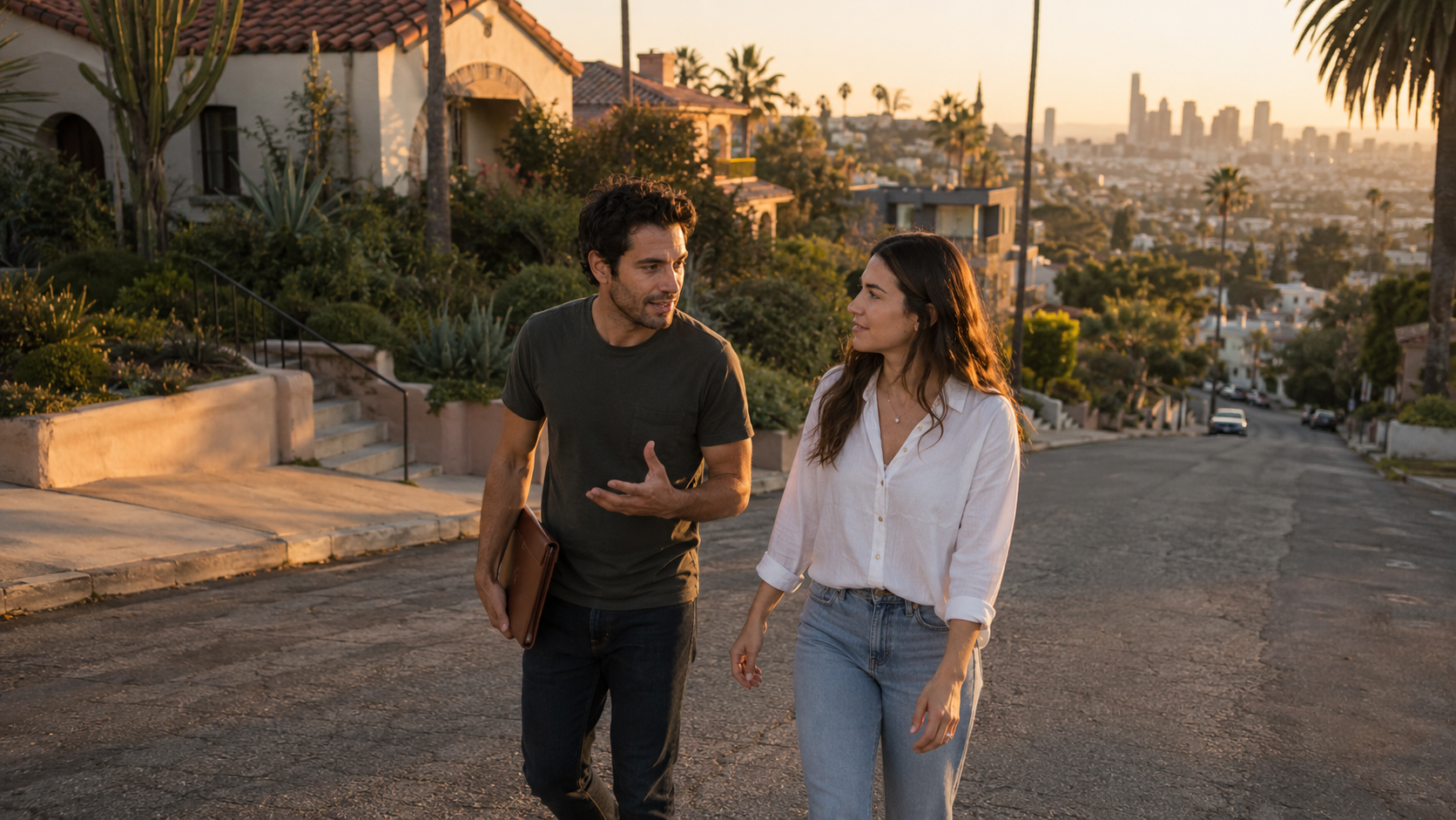 Engaged LA couple walking hand in hand through a hilly Silver Lake neighborhood at golden hour, mid-conversation about their wedding planning