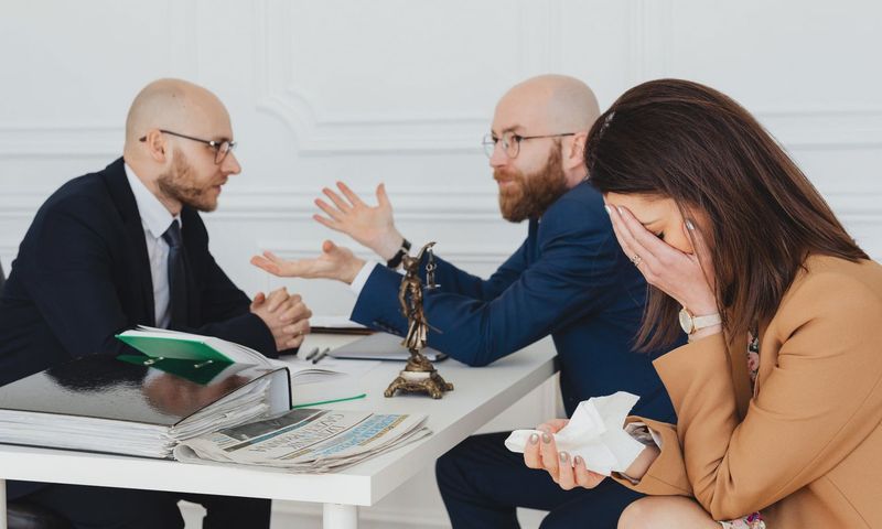 A lawyer mediates an emotional settlement discussion with a distressed couple in a legal office.
