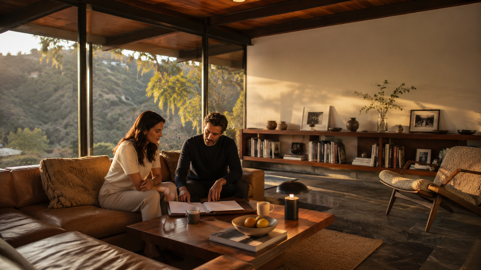 Dual-career couple in their late 30s sitting on a low-slung leather sofa in a Los Feliz mid-century modern home living room, a folder of planning documents open on a walnut coffee table between them, late afternoon golden hour light through floor-to-ceiling glass overlooking the Griffith Park hillside in soft focus