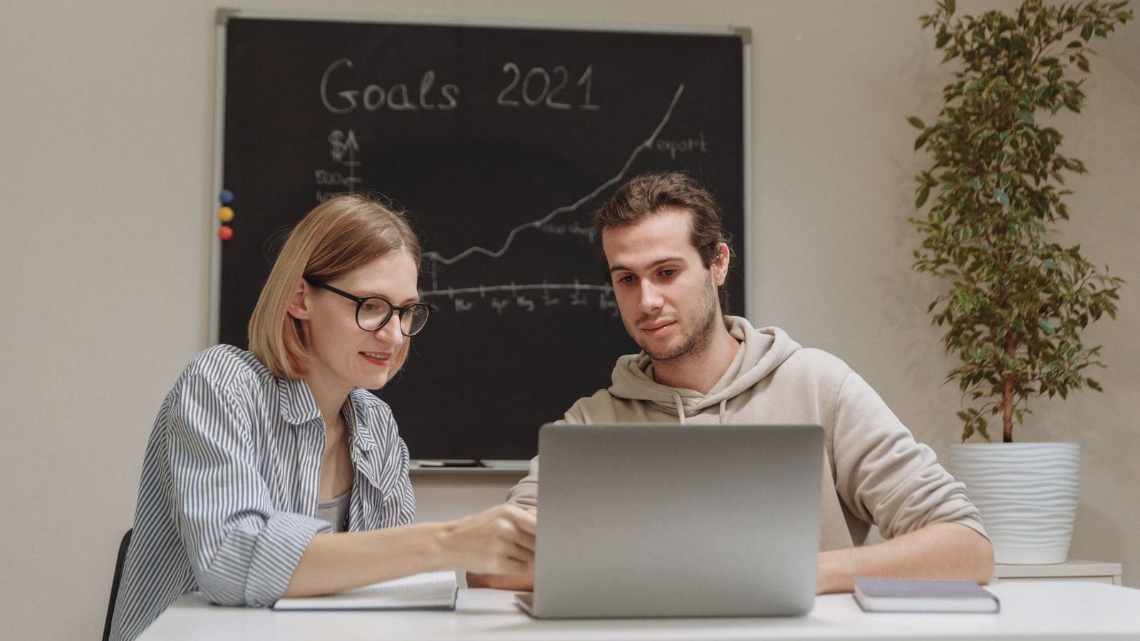 Two coworkers collaborating on 2021 goals in a modern office setting with a laptop.