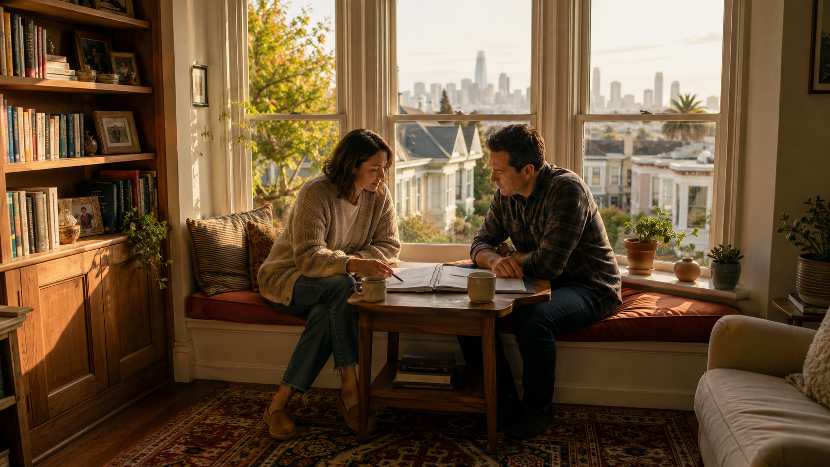 Married dual-career couple in their late 30s sitting at the built-in bay window seat of a Bernal Heights Victorian home in San Francisco, a planning binder open between them on a small wooden side table, late afternoon, the city's residential rooftops and a soft-focus distant view of San Francisco through the window behind them