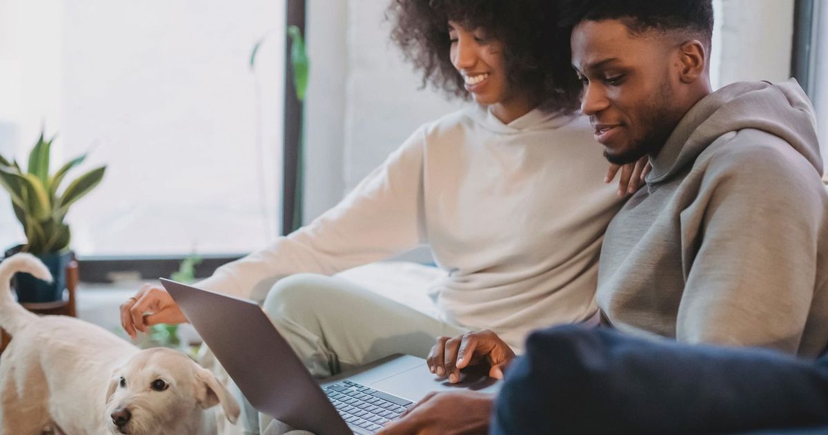 Positive African American female looking at calm dog and leaning on shoulder of black man browsing laptop at home in daytime