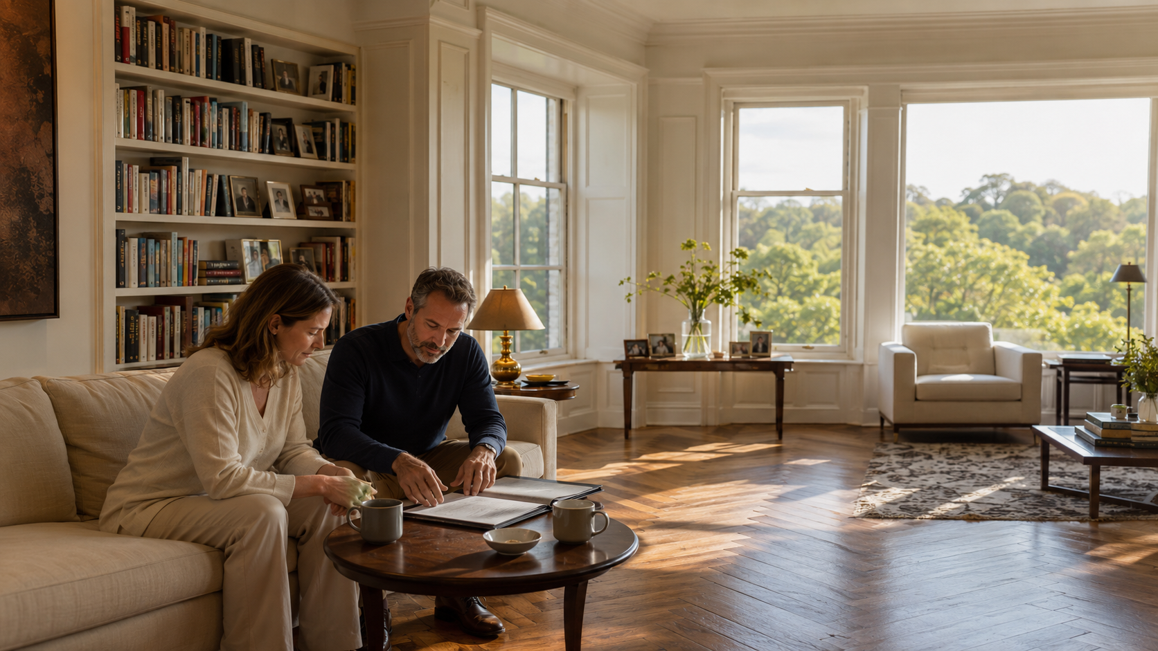 Dual-career couple in their late 30s sitting on a low-slung sofa in the living room of an Upper West Side pre-war apartment in the morning, parquet herringbone floor and tall windows overlooking Central Park treetops in soft focus, a slim folder of planning documents open on a side table between them, morning golden light through the tall windows