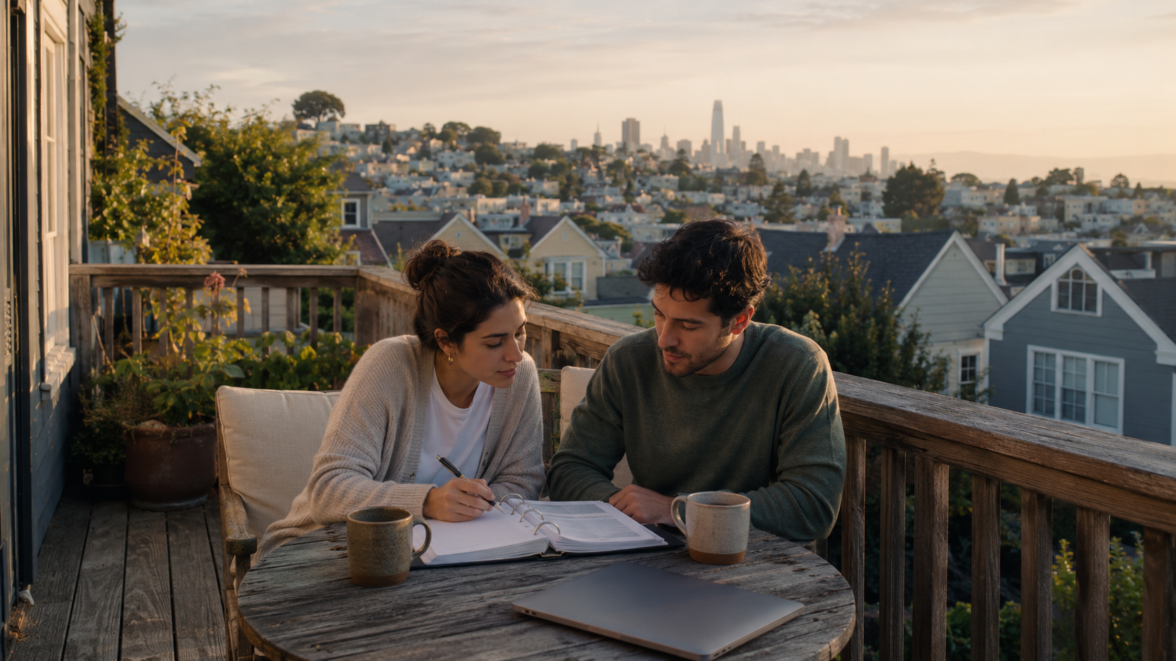 Dual-career couple in their early 30s sitting on the back deck of a Noe Valley home reviewing planning paperwork together over coffee in late afternoon light, the residential rooftops and a sliver of the San Francisco skyline behind them