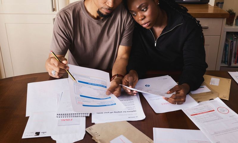A couple sitting at a table reviewing financial documents, highlighting domestic budgeting.