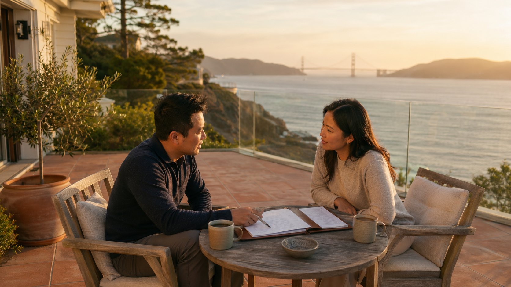 Dual-career couple in their late 30s sitting at a small round teak side table on the terrace of a Sea Cliff home in San Francisco, a slim folder of planning documents open between them, warm late afternoon golden light, the Pacific Ocean and a soft-focus Golden Gate Bridge silhouette in the far distance beyond the terrace railing