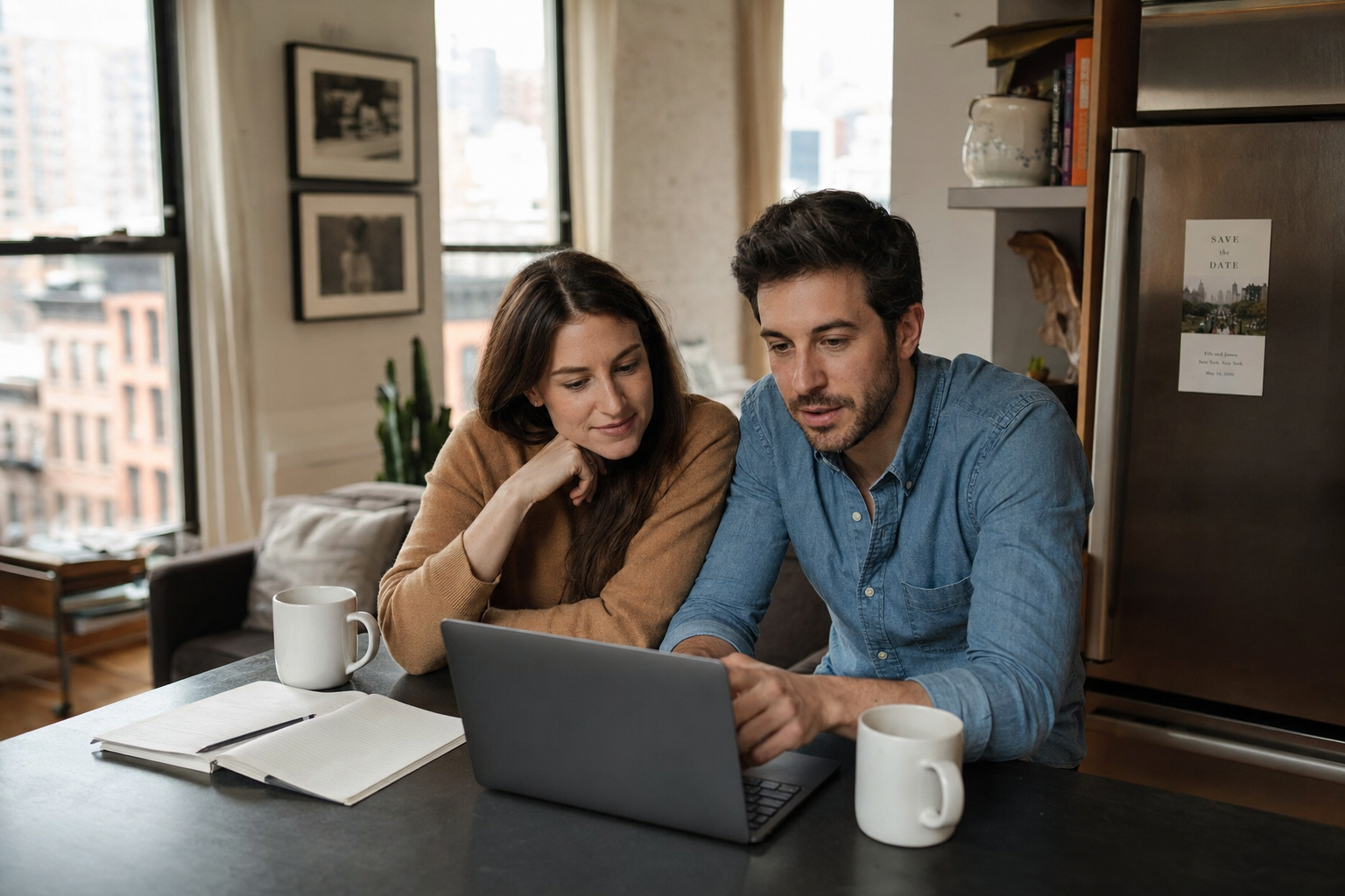 Engaged NYC couple reviewing prenup planning together on a laptop at their Manhattan apartment kitchen island
