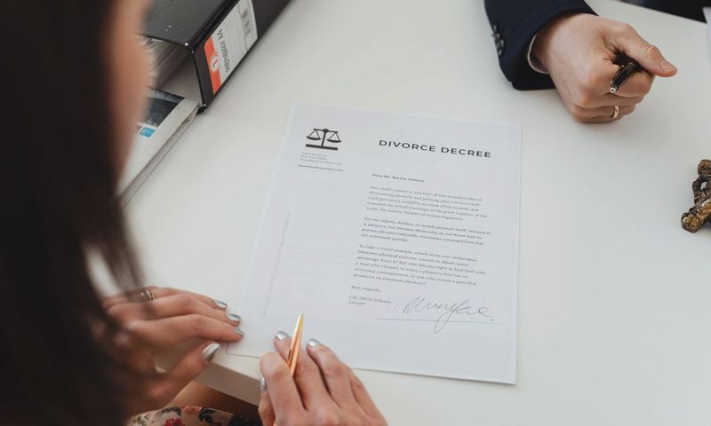 A close-up shot of two people signing a divorce decree at a law office table.
