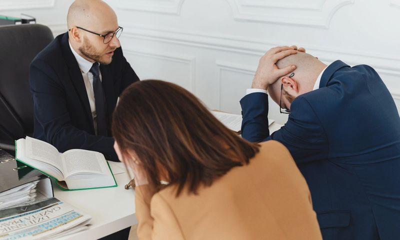 Legal professionals engaged in a tense meeting at a law office with open documents on the desk.