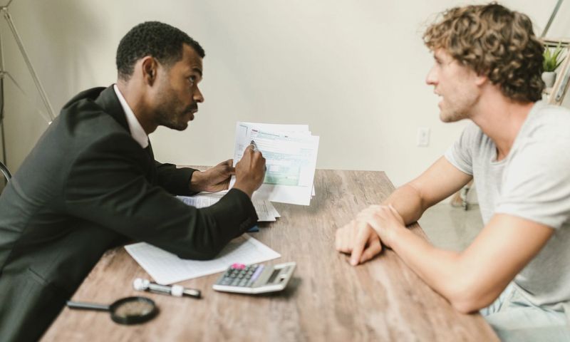 A financial advisor discusses paperwork with a client at a desk in a modern office.