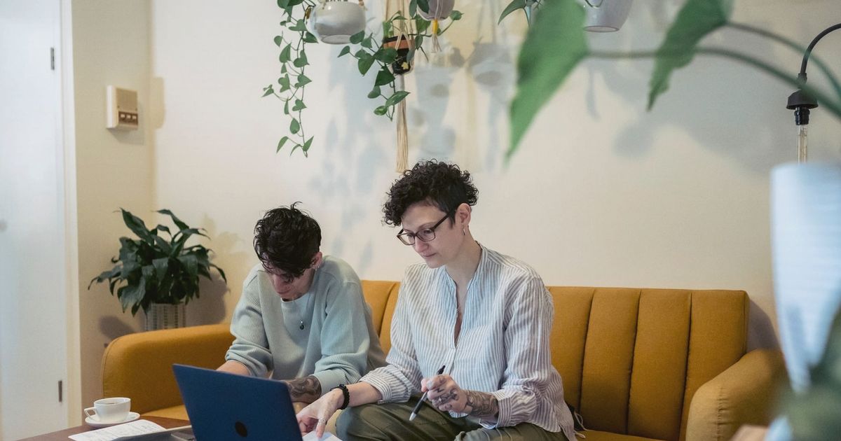Concentrated young tattooed female freelancers with short dark hair in casual clothes sitting on comfortable sofa and working remotely on laptop