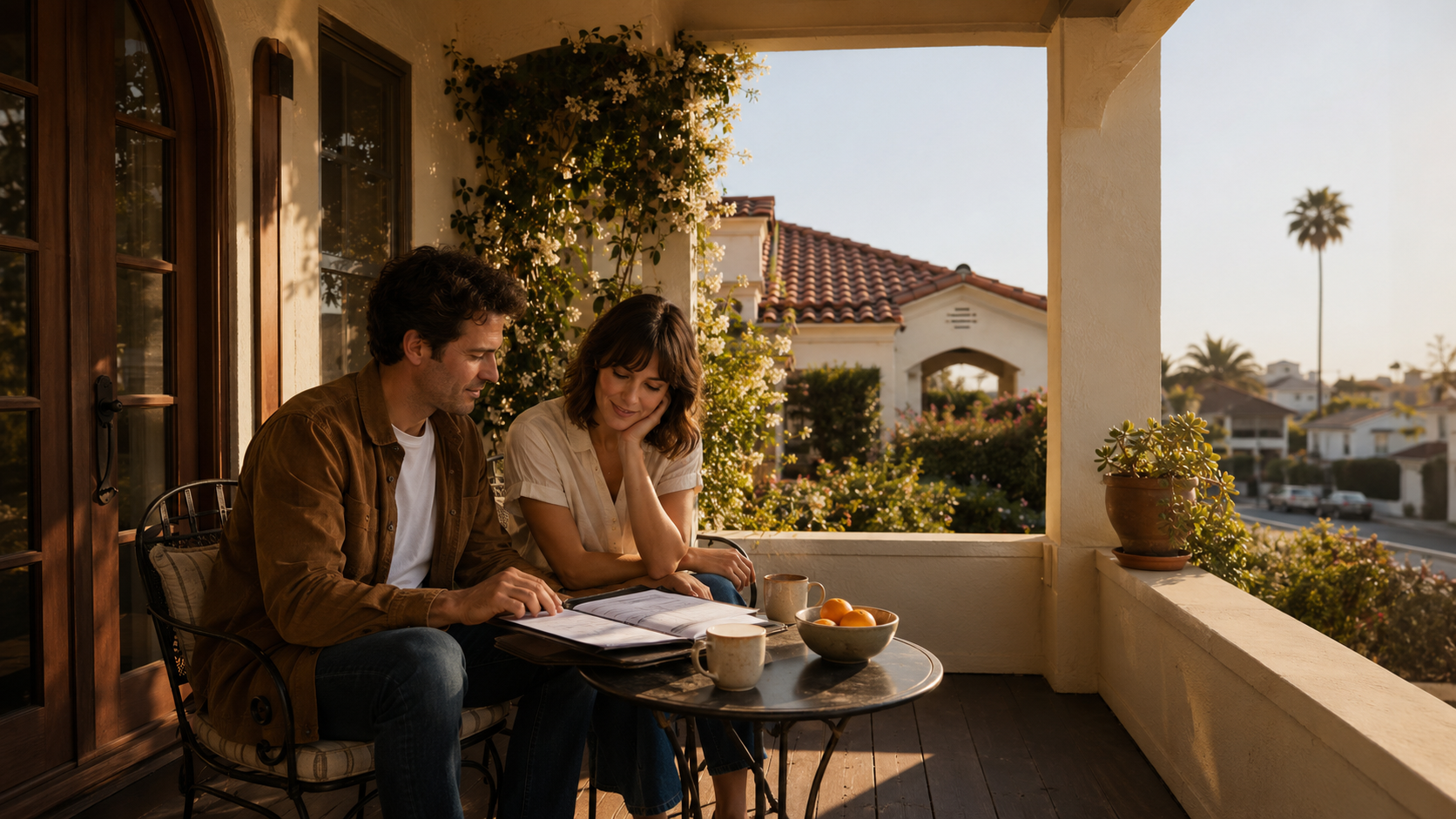 Dual-career couple in their early 30s sitting on the wraparound front porch of a Larchmont Village 1920s Spanish bungalow in Los Angeles, jasmine climbing one porch column, a small side table between them holding coffee mugs and a slim planning folder, warm morning golden light, a single palm tree silhouette in soft focus at the edge of the yard