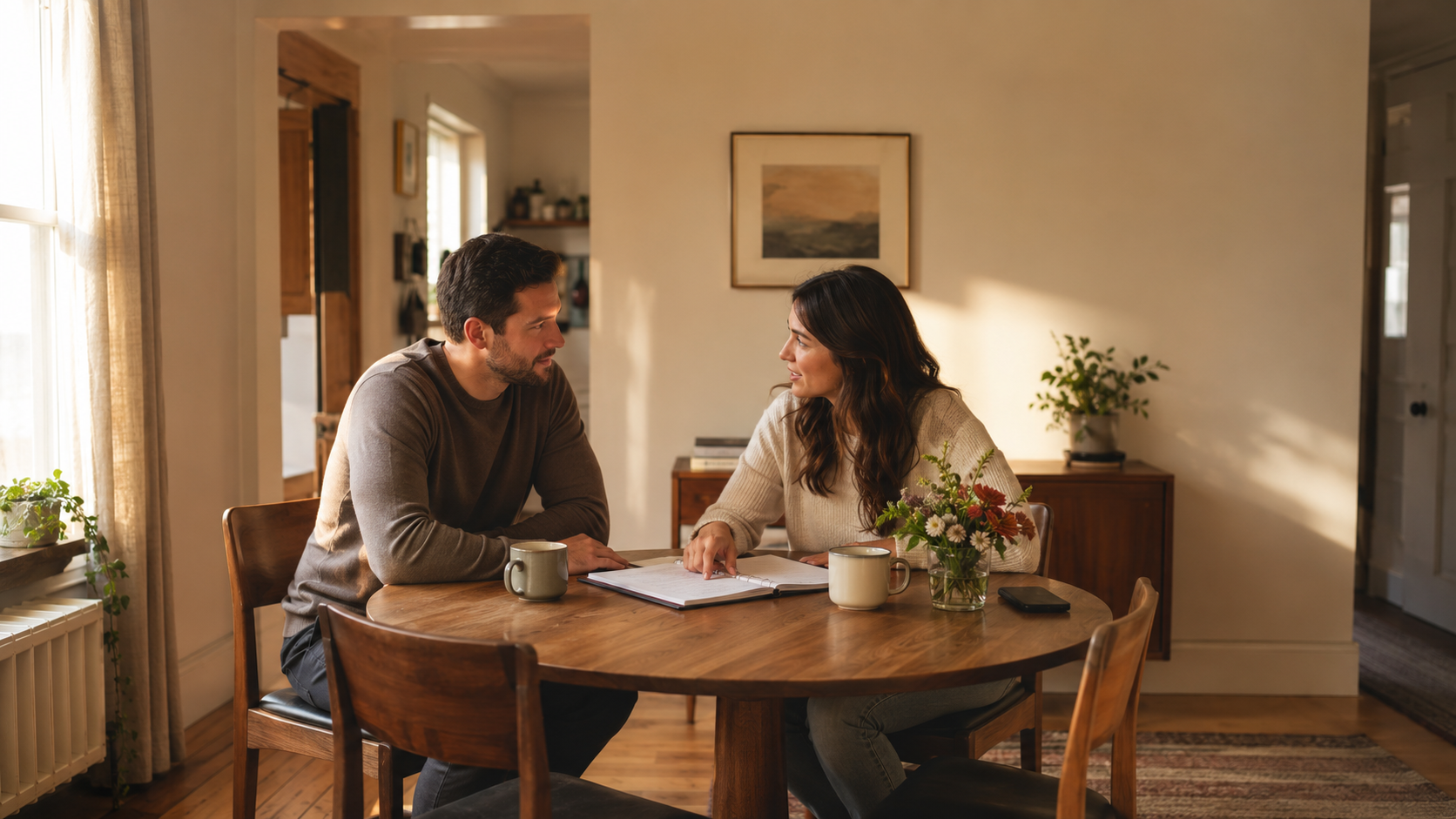 Couple in their early 30s sitting across from each other at a small dining table in their home reviewing a planning binder together over coffee in early afternoon light, a small vase of seasonal flowers between them