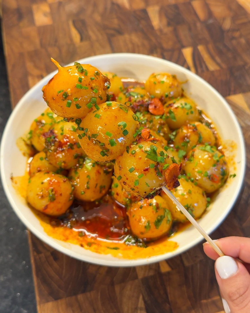 Chewy Potato balls with a Curry Satay sauce