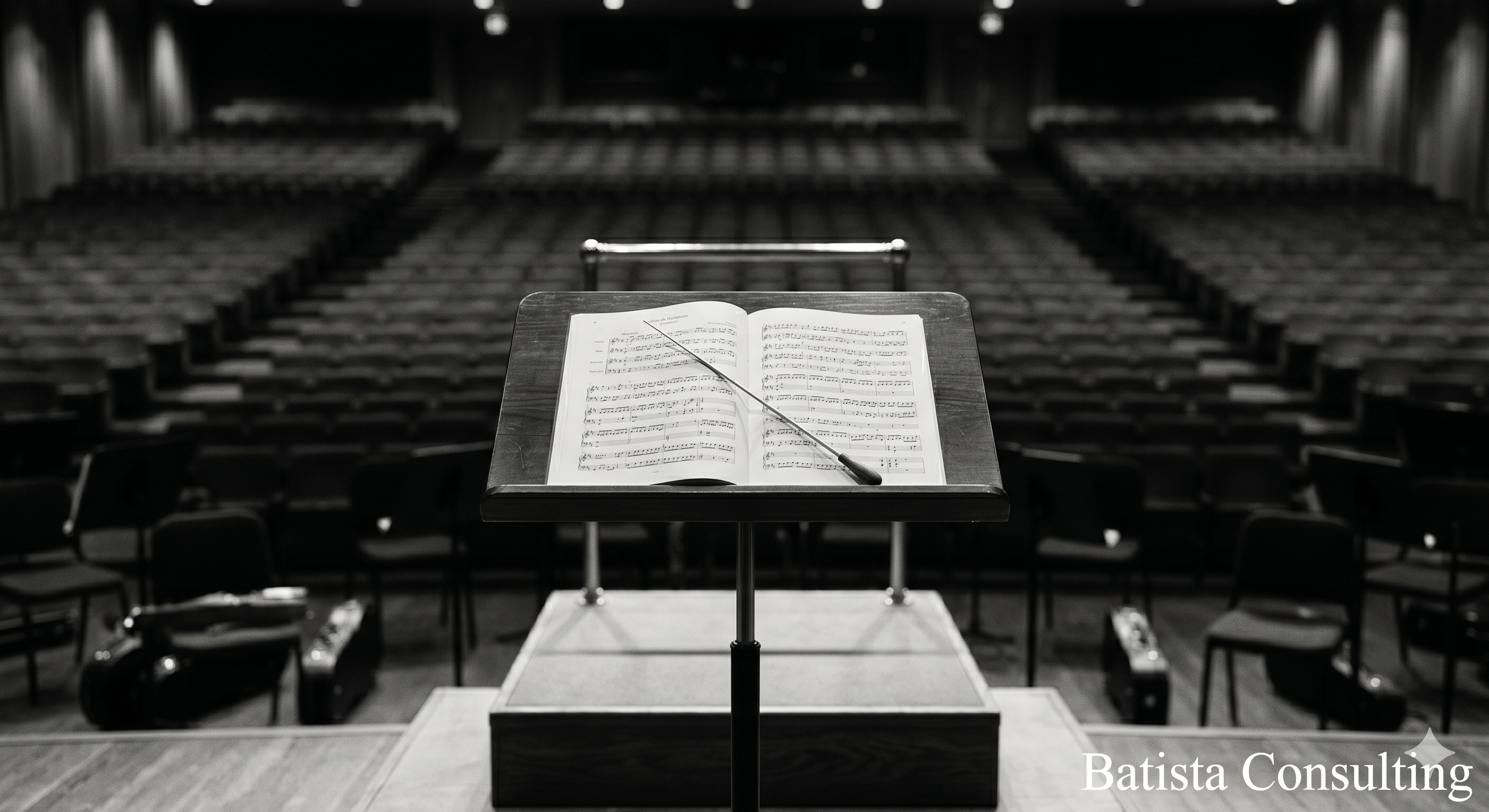 Black-and-white photograph. An empty conductor's podium in a concert hall, baton resting on the music stand, an open score on the stand. Rows of empty seats in soft focus behind. Natural stage light. No people. Shallow depth of field on the baton. "Batista Consulting" branding bottom-right. Metaphor continues the authority-and-judgment theme: the conductor is missing, and the orchestra cannot start without one — but also, the engagement must be right-sized for the piece being played.