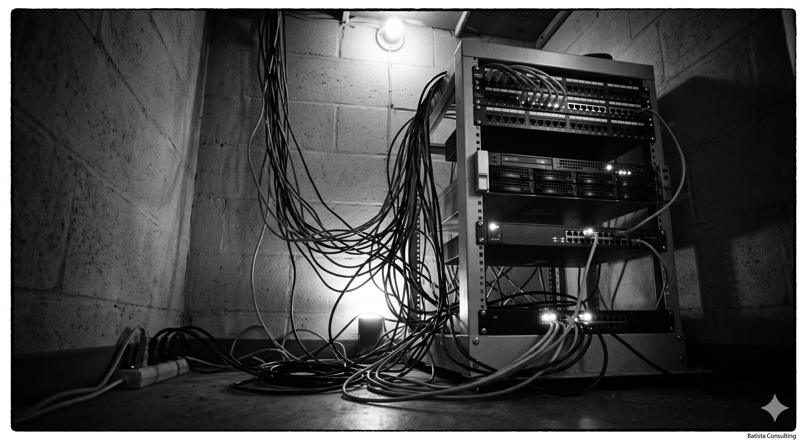 Black-and-white photograph of a server room or network closet in a small office. Tangled cables, a few small rack-mounted devices, indicator lights glowing. Shot from a low angle. Moody lighting, high contrast. Film grain texture.