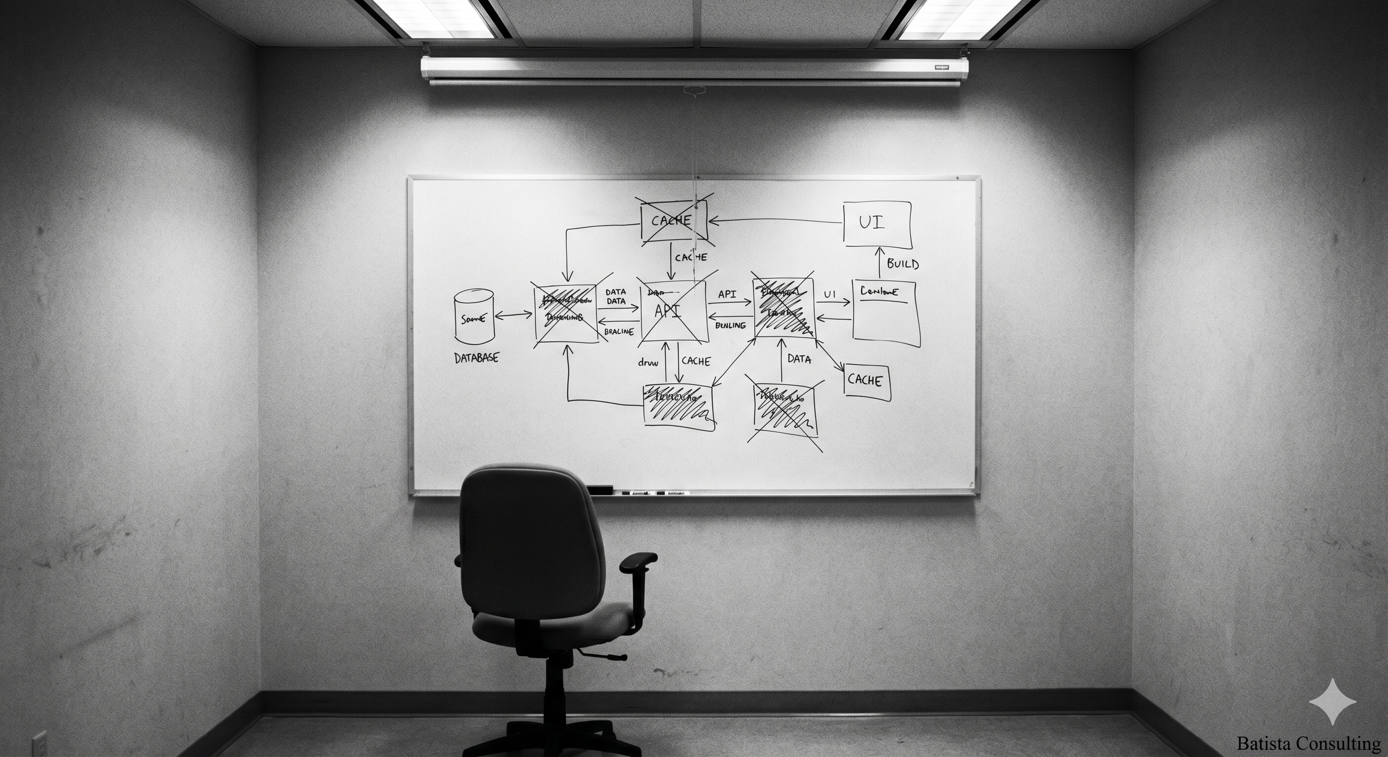 Black-and-white photograph of a whiteboard in a small meeting room. The whiteboard has a rough architecture diagram drawn in marker — boxes, arrows, a few crossed-out sections. A single chair is pulled up close to it. No people visible. The room is sparse, fluorescent light from above. Shot straight-on. Film grain texture, high contrast.