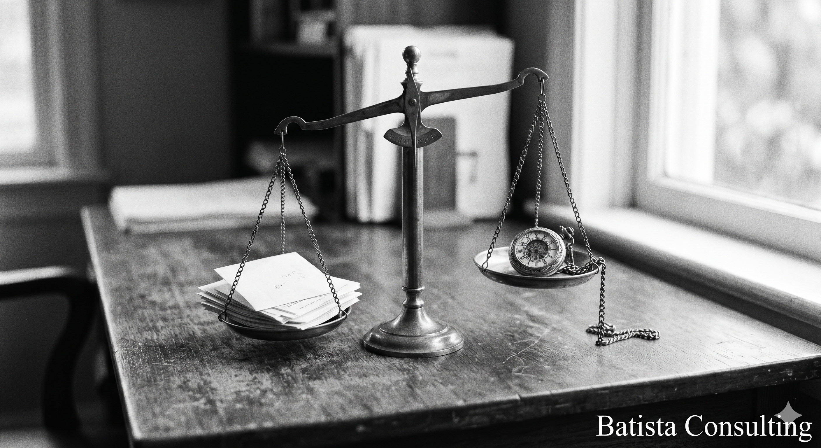 Black-and-white photograph. A brass weighing scale on a wooden desk, the kind used by jewelers or apothecaries. One pan holds a small stack of folded paper documents, the other pan holds a single pocket watch. The scale is slightly tipped toward the paper side. Natural window light from the right. Shallow depth of field focused on the scale's center pivot. "Batista Consulting" branding bottom-right. Metaphor extends the cover: the drafting table represents the work, the scale represents the cost-versus-time trade-off of the engagement.
