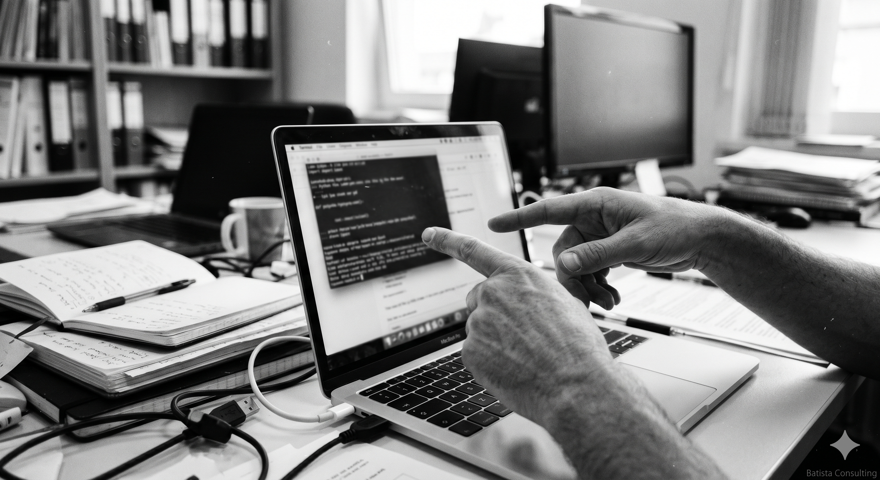 Black-and-white photograph of a person's hands pointing at a laptop screen in a small office. The screen shows a terminal or code editor (blurred). The desk is cluttered with notebooks and cables. Close-up, shallow depth of field. Film grain.